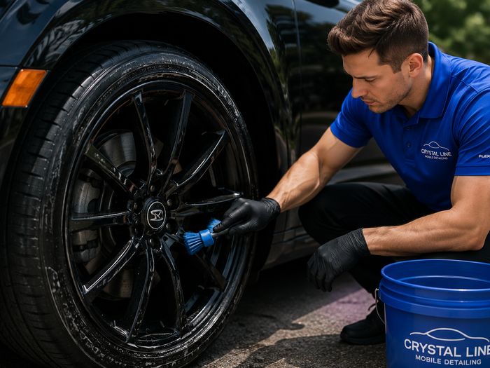 Detailer brushing brake dust off a wheel